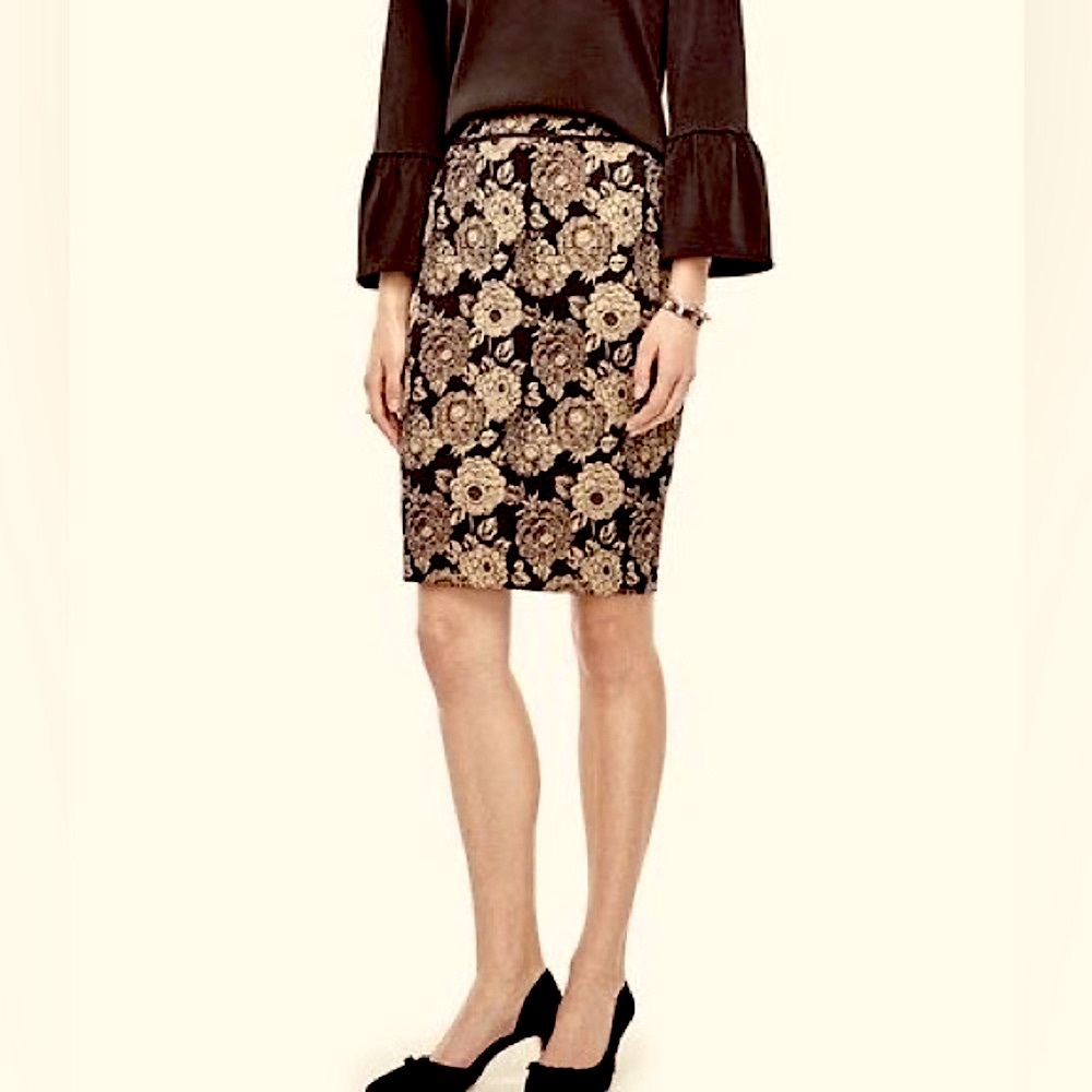 Gold Metallic Floral Black Silk Pencil Skirt
